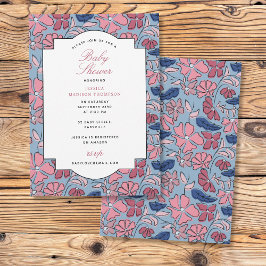 ピンクとブルーのフローラブロックプリントガールベビーシャワー 招待状