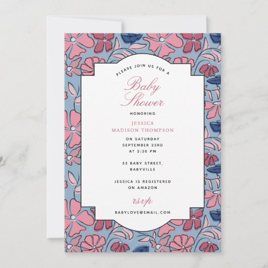 ピンクとブルーのフローラブロックプリントガールベビーシャワー 招待状 (正面)