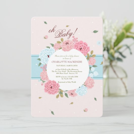 ピンクとブルーのフローラベビーシャワー招待状 招待状 (スタンド正面)