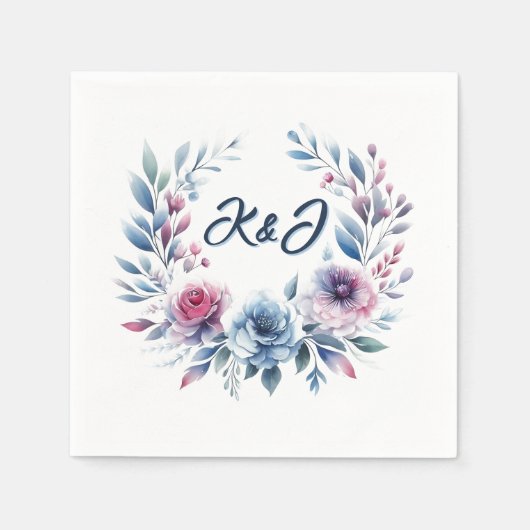 ピンクとブルーのフローラリースナプキンス スタンダードカクテルナプキン (正面)
