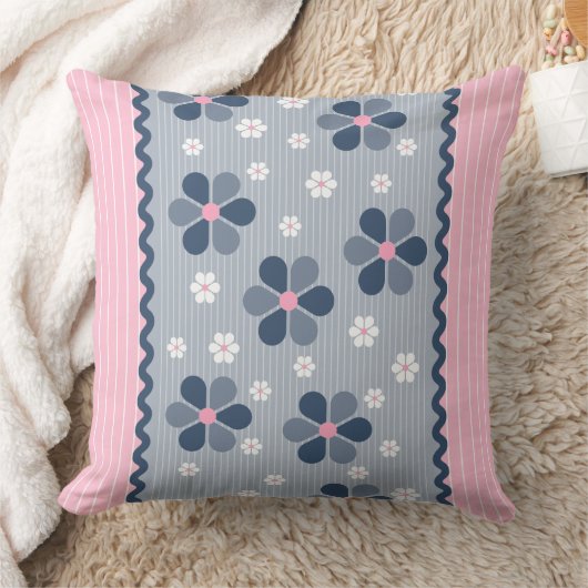 ピンクとブルーのフローラ枕 クッション (ブランケット)