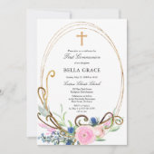 ピンクとブルーのフローラ第一聖餐式 招待状 (正面)