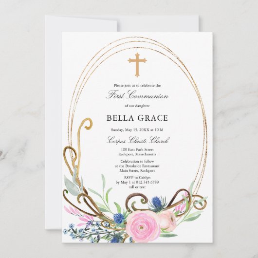 ピンクとブルーのフローラ第一聖餐式 招待状 (正面)