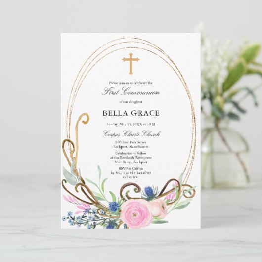 ピンクとブルーのフローラ第一聖餐式 招待状 (スタンド正面)