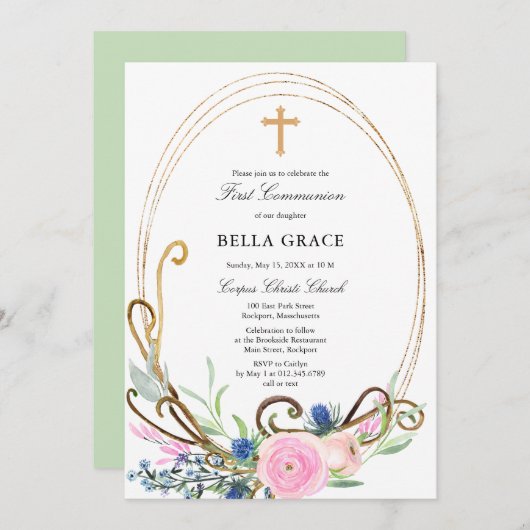 ピンクとブルーのフローラ第一聖餐式 招待状 (正面/裏面)