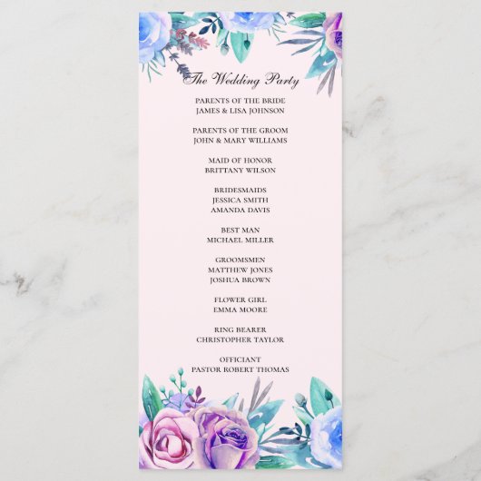ピンクとブルーのフローラ結婚の。水彩花 プログラム (裏面)