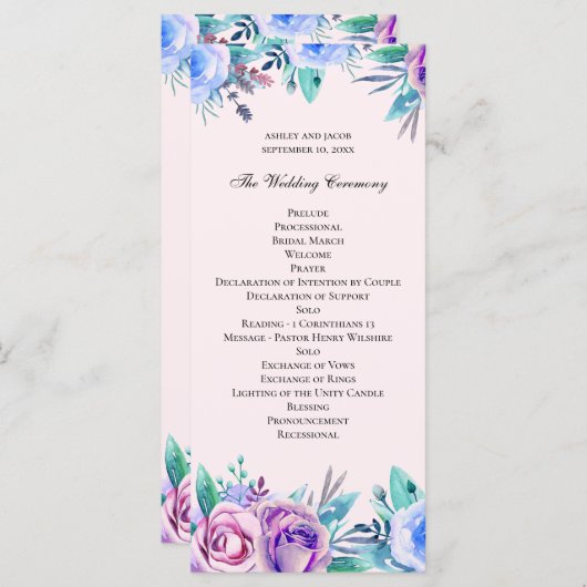ピンクとブルーのフローラ結婚の。水彩花 プログラム (正面/裏面)