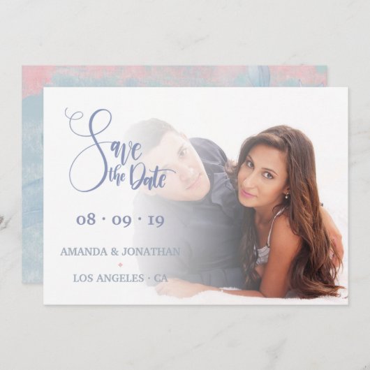 ピンクとブルーのフローラ結婚式の写真を保存 セーブザデート (正面/裏面)