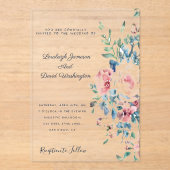 ピンクとブルーのフローラ縁ど結婚式招待状 アクリル招待状 (正面)