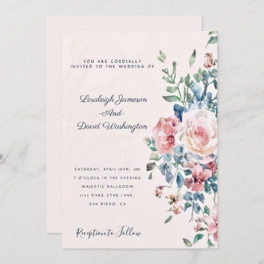 ピンクとブルーのフローラ縁ど結婚式招待状 招待状 (正面/裏面)