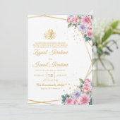 ピンクとブルーのフローラ金ゴールドイスラム結婚教徒 招待状 (スタンド正面)