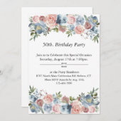 ピンクとブルーのフローラ、カスタマイズ可能、50位。バースデー 招待状 (正面/裏面)