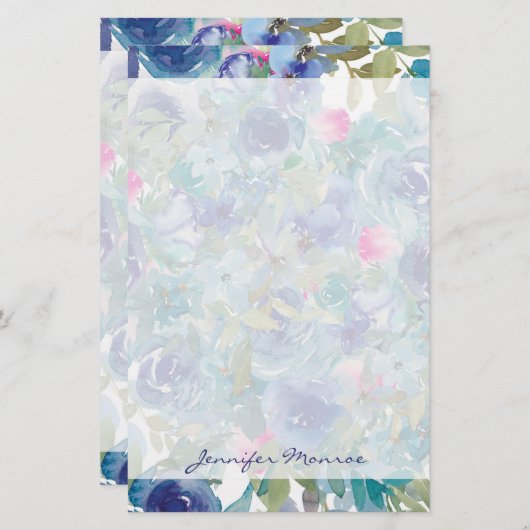 ピンクとブルーのフローラ パーソナライズされた 便箋 (正面/裏面)