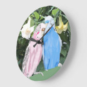 ピンクとブルーのブジェリガーとホワイトエンジェルトランペット ラージ壁時計 (傾斜)