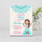 ピンクとブルーのヘンナ マンダラが可愛いインドの女の子 招待状 (スタンド正面)