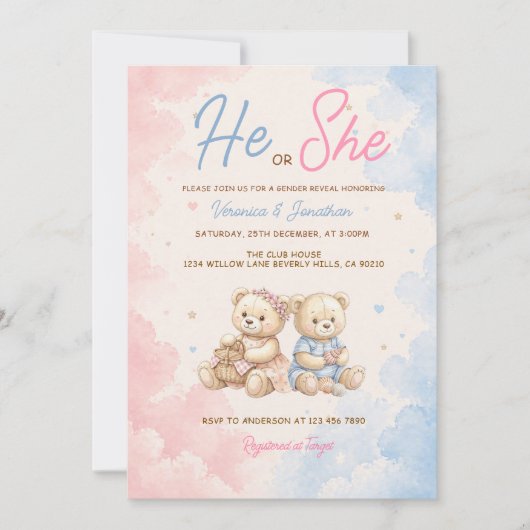 ピンクとブルーのベア He or She 性別発表 招待状 (正面)