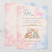 ピンクとブルーのベア He or She 性別発表 招待状 (正面/裏面)