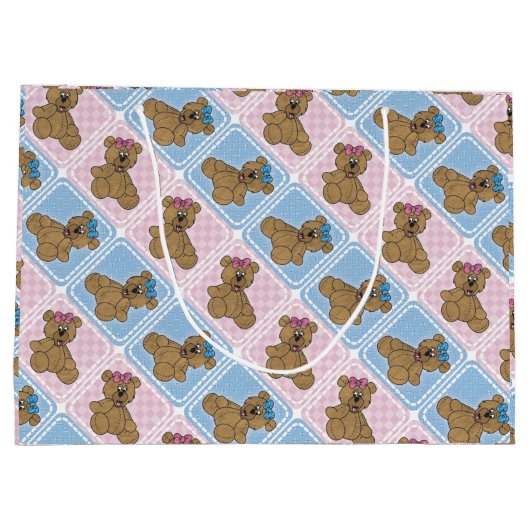 ピンクとブルーのベビーテディベア ラージペーパーバッグ (裏面)