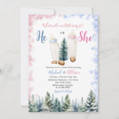 ピンクとブルーのベビーボトル彼または彼女が明かす 招待状 (正面)