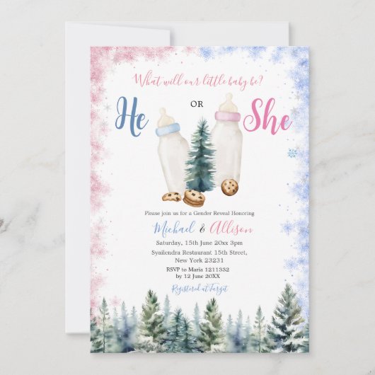 ピンクとブルーのベビーボトル彼または彼女が明かす 招待状 (正面)