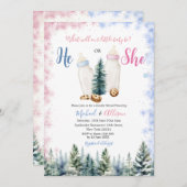 ピンクとブルーのベビーボトル彼または彼女が明かす 招待状 (正面/裏面)