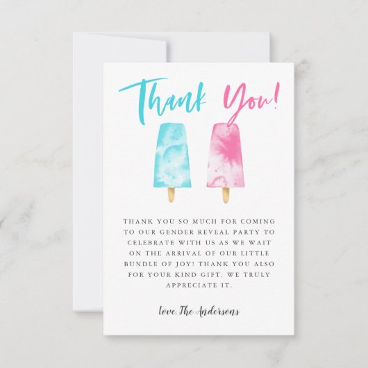 ピンクとブルーのポップシクル性別表示パーティー サンキューカード (正面)