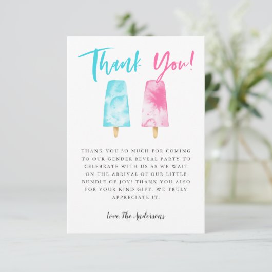 ピンクとブルーのポップシクル性別表示パーティー サンキューカード (スタンド正面)