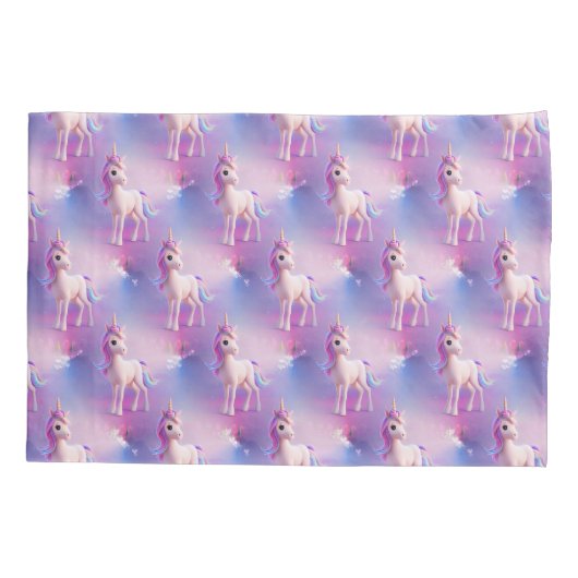 ピンクとブルーのマネ柄のかわいい白いユニコーン 枕カバー (裏面)