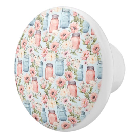 ピンクとブルーのメイソンジャースフローラセラミックプル セラミックノブ (右)