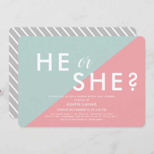 ピンクとブルーのモダンな性別発表ベビーシャワー 招待状 (正面/裏面)