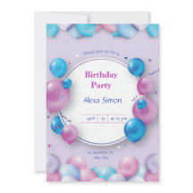 ピンクとブルーのモダン誕生日パーティーへの招待