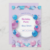 ピンクとブルーのモダン誕生日パーティーへの招待 招待状 (正面/裏面)