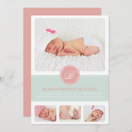 ピンクとブルーのモノグラムベビーフォトコラージュ誕生 案内状 (正面/裏面)