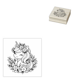 ピンクとブルーのユニコーンと花 ラバースタンプ