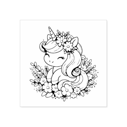 ピンクとブルーのユニコーンと花 ラバースタンプ (インプリント)