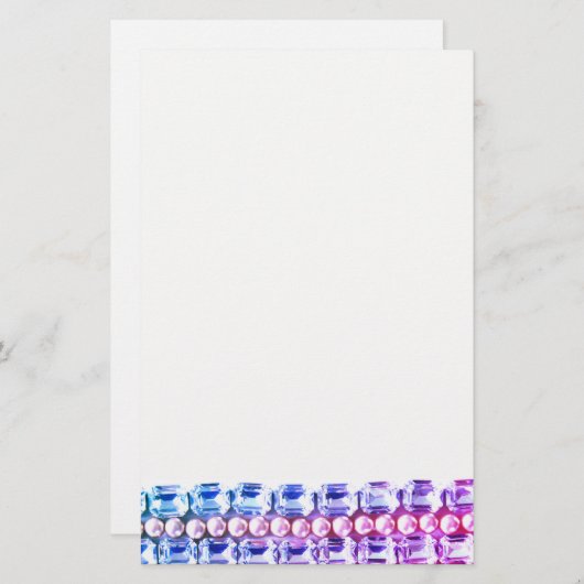 ピンクとブルーのラインストーンと真珠 便箋 (正面/裏面)