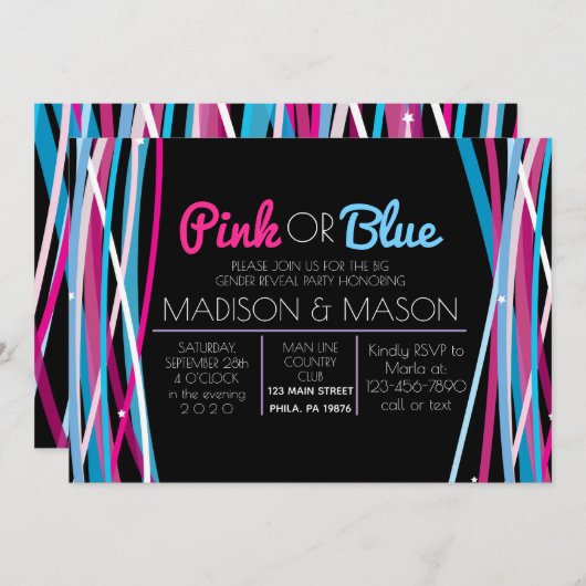 ピンクとブルーのライン性別リビール招待状招待状 招待状 (正面/裏面)