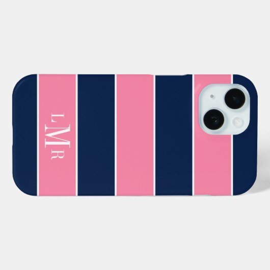 ピンクとブルーのラグビーストライプズ3文字モノグラム Case-Mate iPhoneケース (裏面 (横))