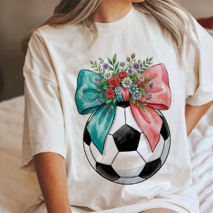 ピンクとブルーのリボンが可愛いサッカーボールのフラワーウォーターカラーアート トライブレンドTシャツ