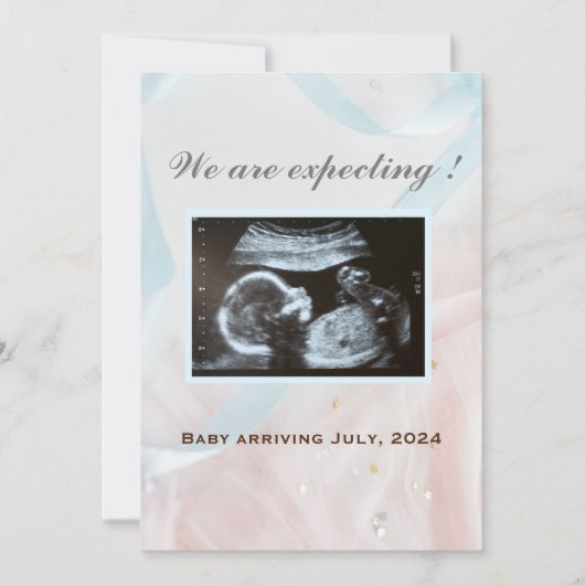ピンクとブルーのリボンとベビー超音波 案内状 (正面)