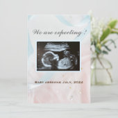 ピンクとブルーのリボンとベビー超音波 案内状 (スタンド正面)