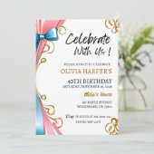 ピンクとブルーのリボンと40歳の誕生日招待状 招待状 (スタンド正面)