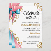 ピンクとブルーのリボンと40歳の誕生日招待状 招待状 (正面/裏面)