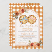 ピンクとブルーのリボン かぼちゃのピース 性別発表 ギンガム 招待状 (正面/裏面)