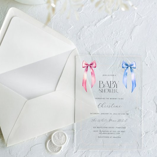 ピンクとブルーのリボン　男女兼用ベビーシャワー アクリル招待状
