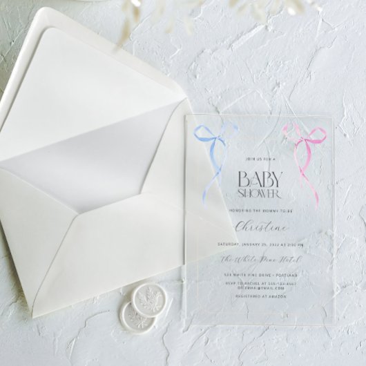 ピンクとブルーのリボン　男女兼用ベビーシャワー アクリル招待状
