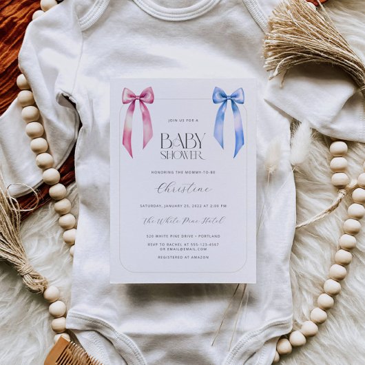 ピンクとブルーのリボン　男女兼用ベビーシャワー 招待状