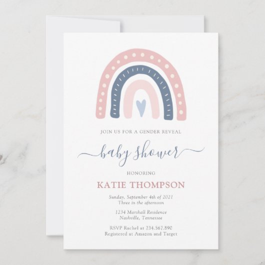 ピンクとブルーのレインボージェンダーが赤ちゃんのシャワーを明らかにする 招待状 (正面)