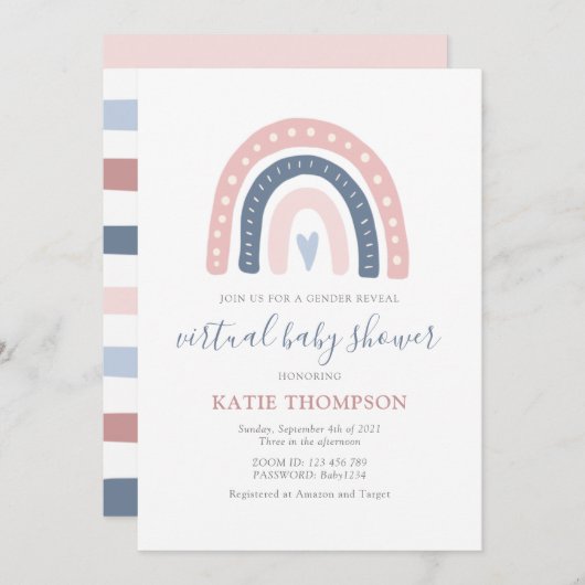 ピンクとブルーのレインボージェンダーが赤ちゃんのシャワーを明らかにする 招待状 (正面/裏面)