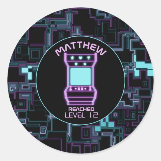 ピンクとブルーのレトロアーケードビデオゲーム ラウンドシール (正面)